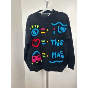 Vintage 80's Gitano 3D Knit Black Sleeve Sweater Luv Place Colorful Pullover L